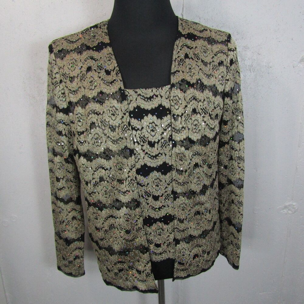 R & M Collection Women's Size 14 Black Gold Sequin Lace Open Front Jacket Set